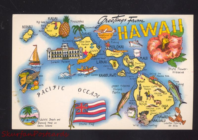 STATE OF HAWAII STATE MAP VINTAGE POSTCARD