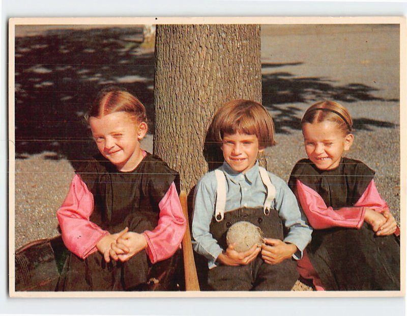 Postcard Three Amish children Greetings from The Amish Country Pennsylvania USA