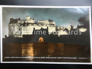 c1931 RP - Flood-lighting of Edinburgh Castle & Earl Haig Statue from Esplanade