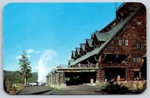 Yellowstone Park~Old Faithful Inn & Old Faithful Geyser~Vintage Postcard