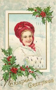 Christmas Greetings, Young Girl, Holly, Embossed,No. Series No. 241 C