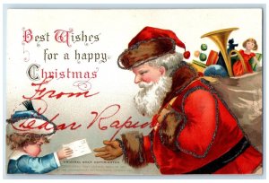 Christmas Santa Claus Embossed Glitter Ellen Clapsaddle Cedar Rapids IA Postcard