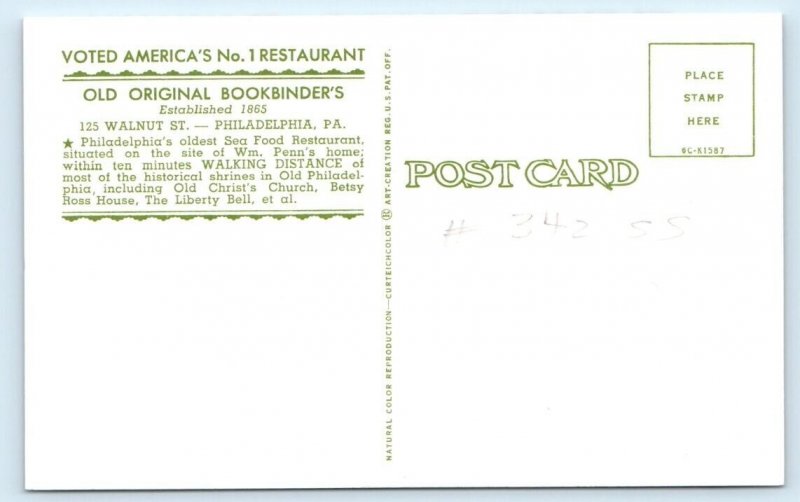 Bookbinder's Restaurant - Philadelphia Pennsylvania Postcard