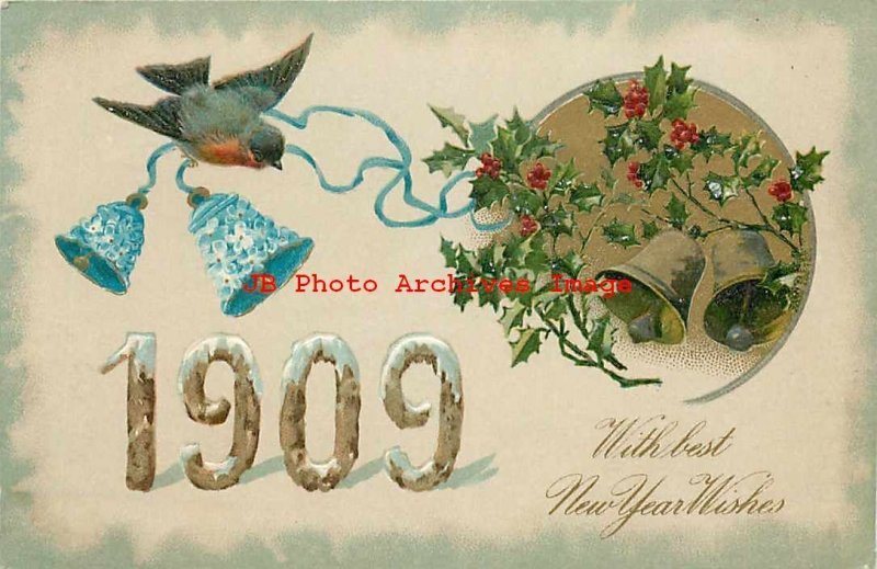 New Year, Winsch Year 1909 No WIN01-3, Oriole with Forget Me Not Bells, Holly 