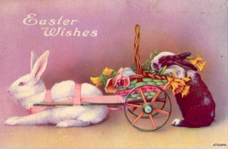 EASTER WISHES RABBIT PULLING CART OF FLOWERS 1924