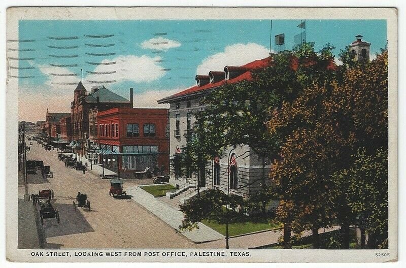 Palestine, TX, Postcard View of Oak Street, Looking West From Post Office, 1930