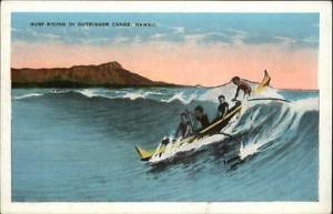 Hawaii Surf-Riding in Outrigger Canoe c1920 Old Postcard