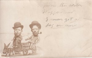 RP; Men's heads on caricature bodies on Water Wagon pulled by Donkey, 1900-10s