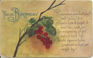 Red Currants or Grapes on Vine Your Birthday in a Victorian Vintage Postcard