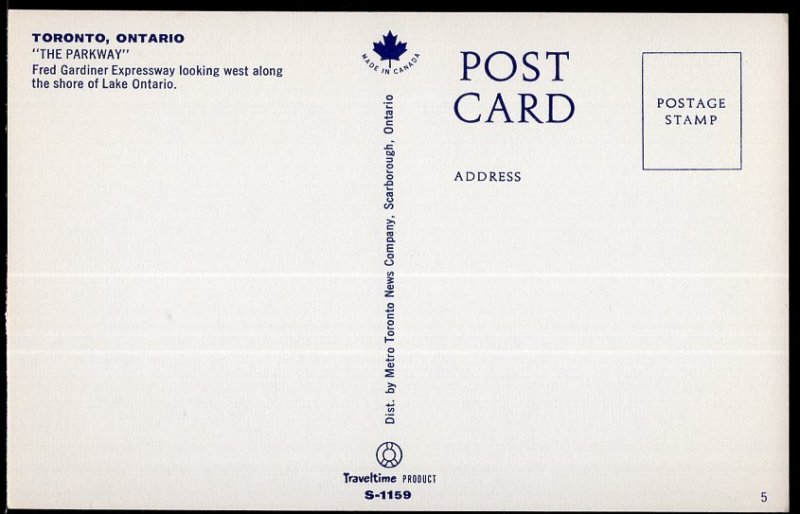 Ontario Aerial View The Parkway Gardiner Expressway TORONTO - Chrome 1950s-1970s