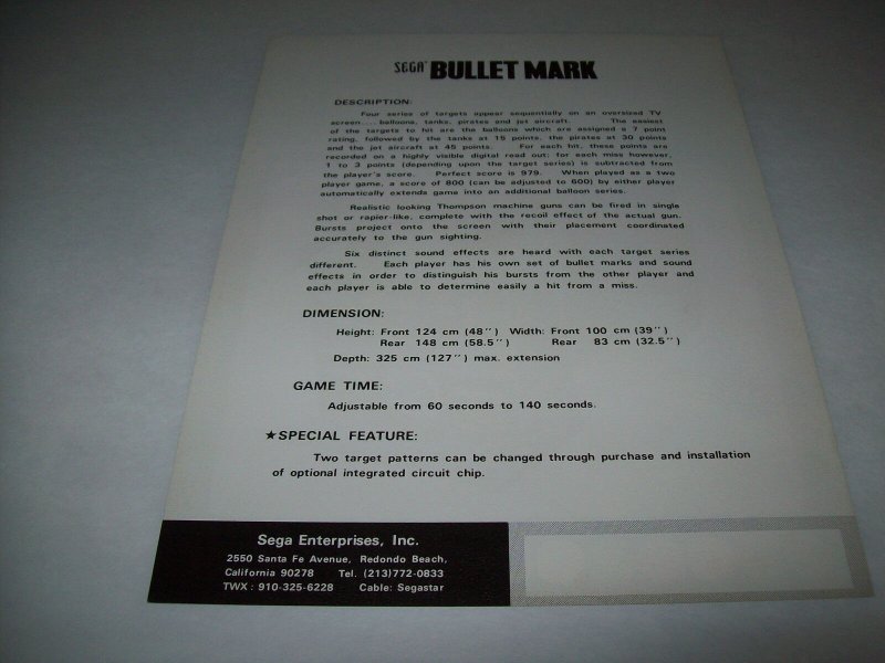 BULLET MARK By SEGA 1975 ORIGINAL ARCADE RIFLE SHOOTING GALLERY FLYER BROCHURE 