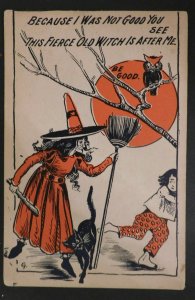 Mint Vintage Halloween Postcard Fierce Old Witch W Broom Black Cat Little Girl