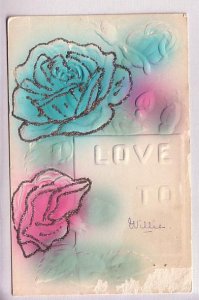 Roses, Silk-screened, Glitter, Embossed,  Vintage, Love to Willie