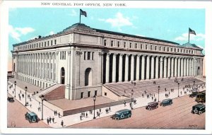 New General Post Office New York White Border Postcard w/ Old Cars Vintage Scene