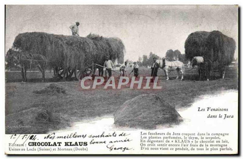 Postcard Old Hitch The haymaking in the Jura Chocolat Klaus