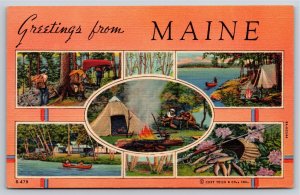 Greetings From Maine~Hiking Camp & Fishing Scenes Multi-View~Vtg Linen Postcard