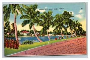 Vintage 1940 Postcard Homes & Palm Trees Line Indian Creek Miami Beach Florida