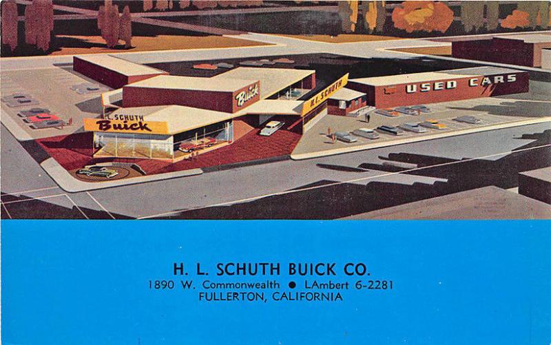 Fullerton CA H. L. Schuth Buick Company Auto Dealership Postcard