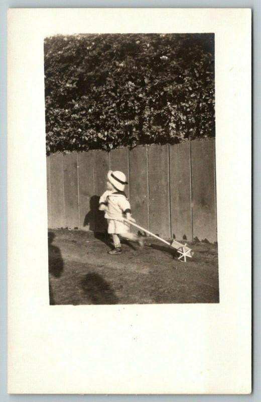 RPPC Momma Am I Supposed to Pull This Toy or Push It? Toddler w/Bonnetc1910