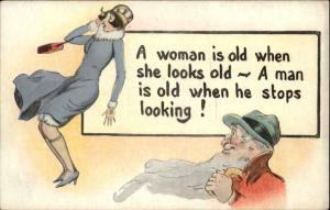 Woman's Dress Blows up in Wind - Old Man Takes a Look Risque Comic Postcard