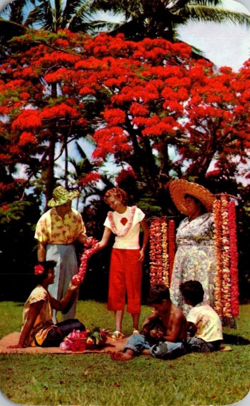 Hawaii Honolulu Lei Seller and Helper Beneath Royal Poinciana Tree