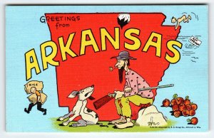 Greetings From Arkansas Hillbilly Rifle Dog Hot Springs Postcard Map Linen Kropp