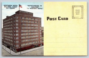Billings Montana~Northern Hotel Bldg Street View~US Flag~Vintage Linen Postcard