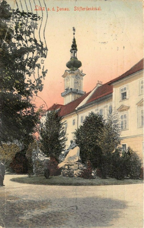 Linz Austria 1908 Hand Colored Postcard Stifterdenkmal Posted to USA