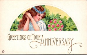 Anniversary Postcard Beautiful Woman with Flowers