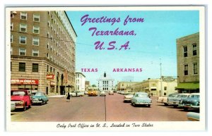 TEXARKANA, TX/AR ~ Street Scene & 2 State  POST OFFICE c1950s Cars  Postcard