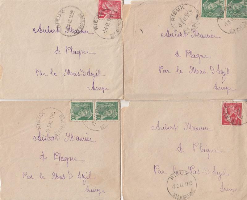 Rieux France 4x 1941 WW2 Frank Postmark Letters & Envelope s