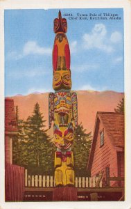Totem Pole Thlinget Chief Kian Ketchikan Alaska 1940s linen postcard