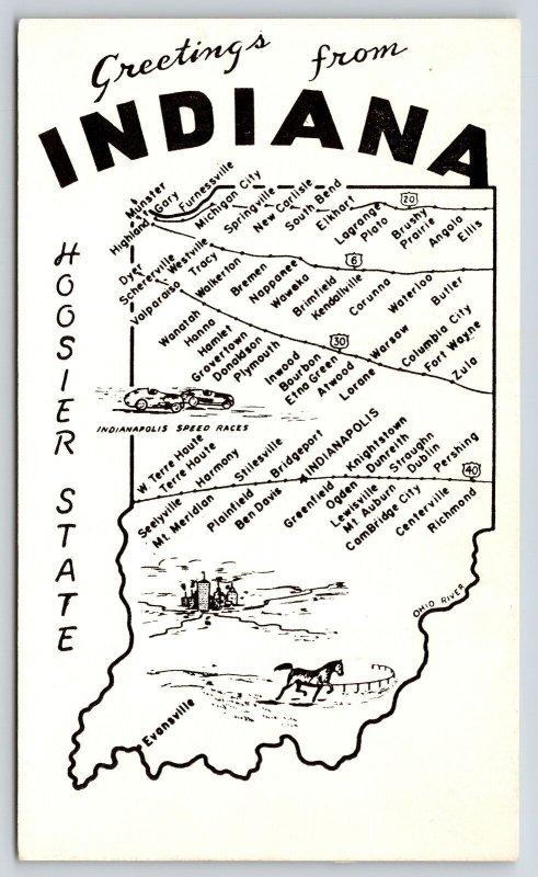 Indiana State Map Postcard~National Highway Towns~Lincoln US 30 20 6~1950 B&W 