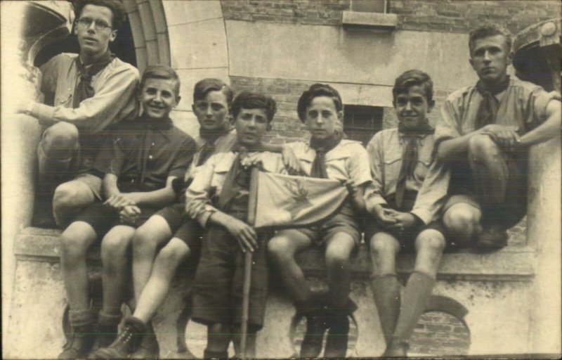 Boy Scouts Pose w/ Flag Uniforms Real Photo Postcard NICE IMAGE