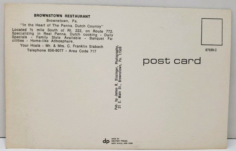 Brownstone Pennsylvania Dutch Brownstone Restaurant Mr & Mrs Slabach Postcard A2