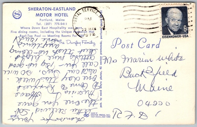 Vtg Portland Maine ME Sheraton Eastland Motor Hotel Hawaiian Hut Pool Postcard