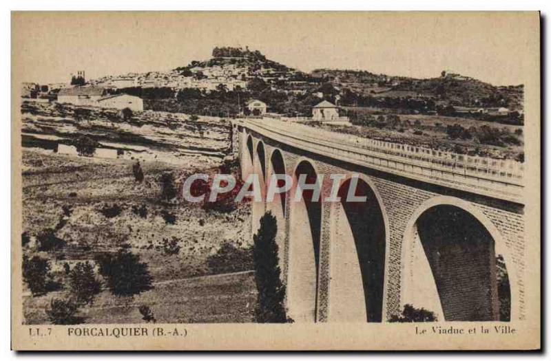 Old Postcard Forcalquier Viaduct and the city