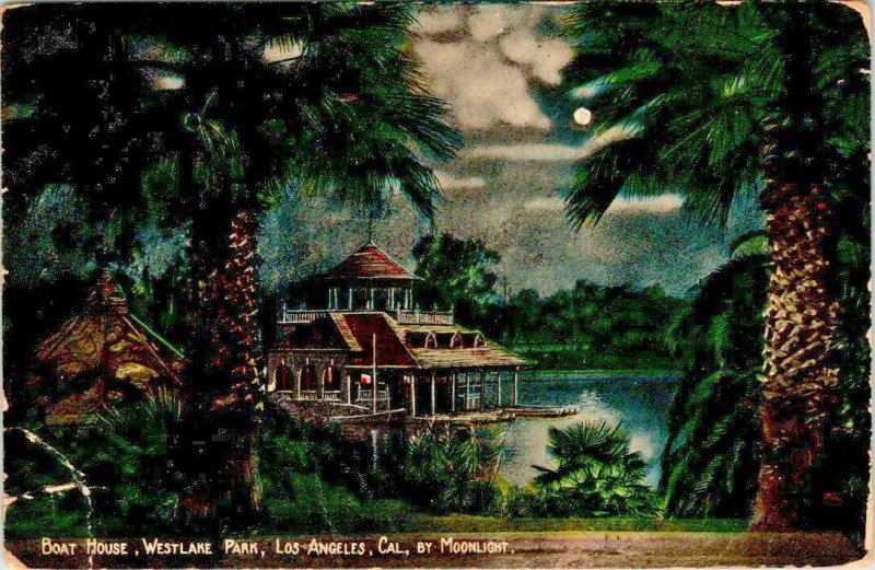 Postcard Boathouse West Lake Park Los Angeles California Moonlight 1913   923