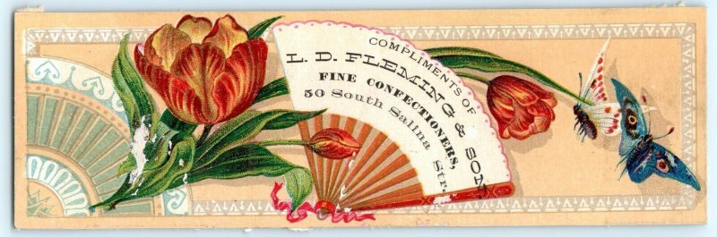 x2 LOT c1880s Syracuse, NY Bookmark Confectioner Artistic Trade Card Fleming C11