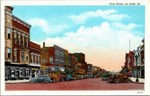 Postcard IL La Salle First Street Drug Store Coca Cola Sign Budweiser 1930s S115