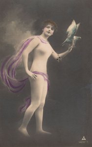 French Naked Lady With Dove Magician Old Risque Glamour Postcard