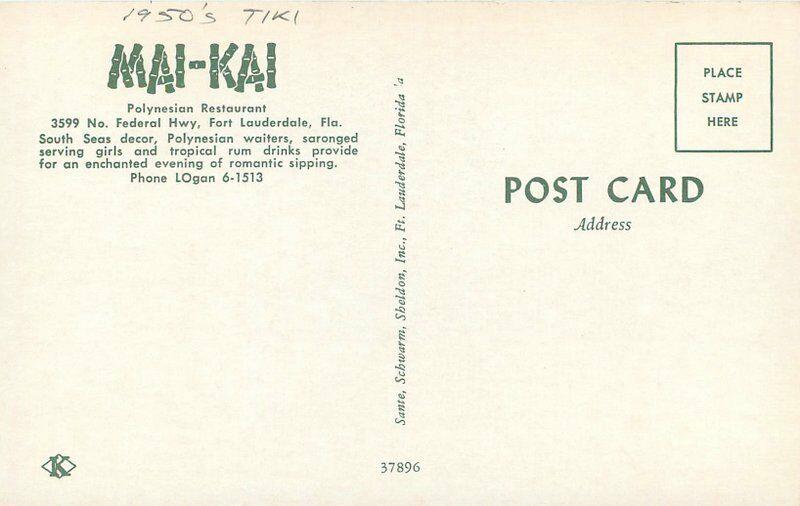 1950s Tiki Mai-Kai Polynesian Restaurant Fort Lauderdale Florida Postcard 1136