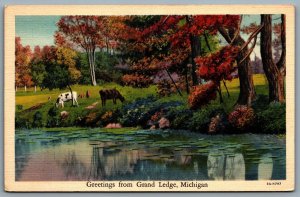 Postcard Grand Ledge MI c1933 Greetings From Grand Ledge Scenic View Pasture