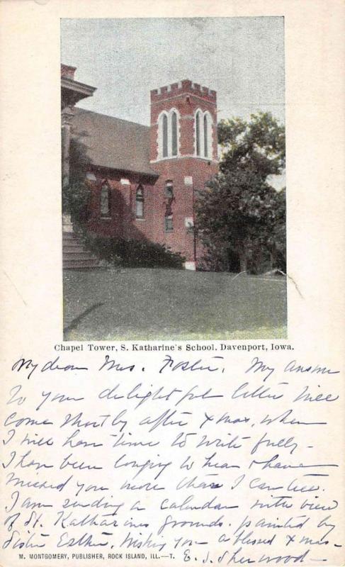 Davenport Iowa St Katharines School Chapel Tower Antique Postcard K83033