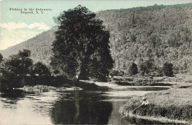 c.1907-15 Boy Fishing Cane Pole Delaware Deposit New York Postcard