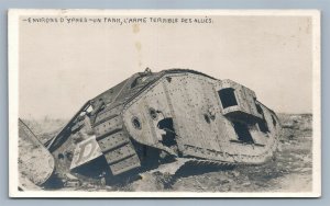DESTROYED GERMAN TANK WWI FRENCH ANTIQUE REAL PHOTO POSTCARD RPPC