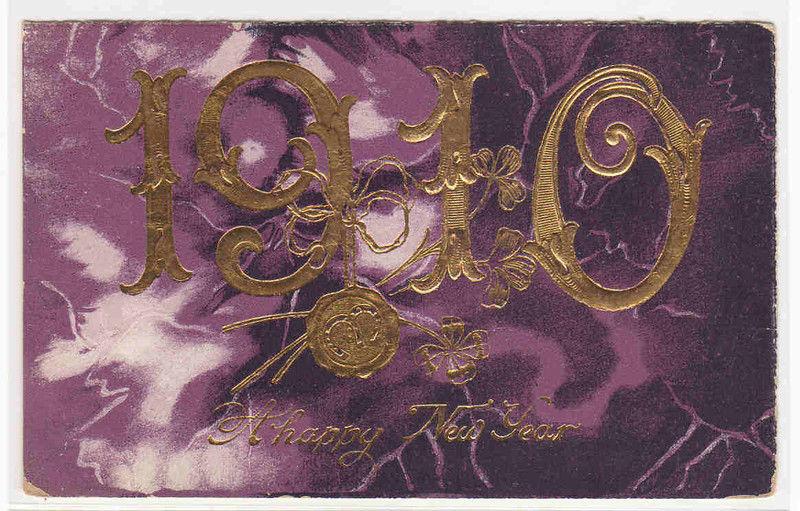 New Year Date 1910 Gold Letter Purple postcard