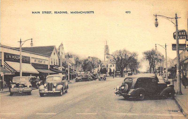 Reading MA Main Street Woolworth's W.T. Grant's Old Cars Postcard