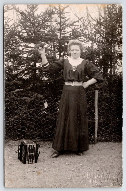 Braband Denmark~Accordion Lady Karlie Grasps Pine Tree~RPPC 1910 Postcard 