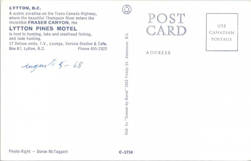 Lytton, BC Canada  LYTTON PINES MOTEL 1968 Roadside Chrome Postcard